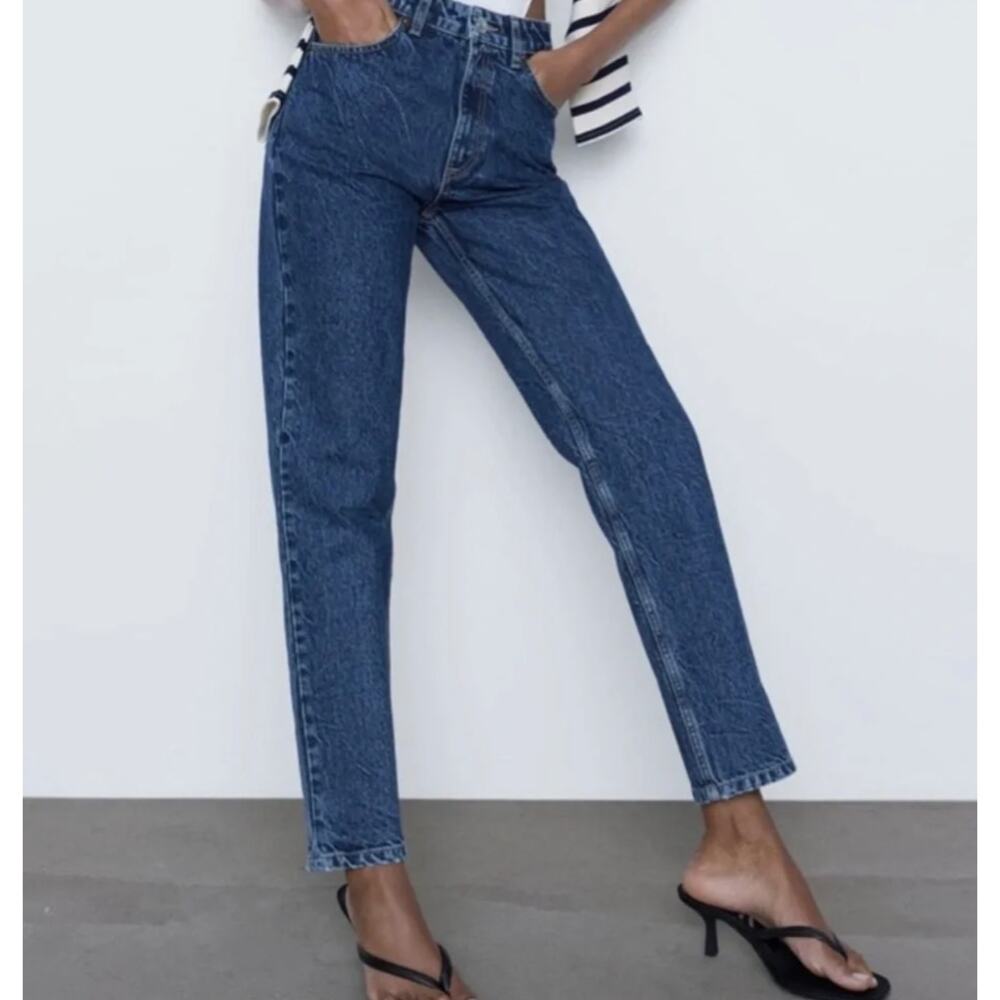 Zara High Rise Straight Leg Jeans Dark Wash Mom Fit Denim Size 12